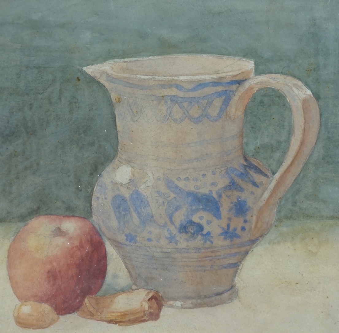 20th century School, watercolour, Still life, of a jug and apple, unsigned, 23 x 23cm. Condition - poor to fair